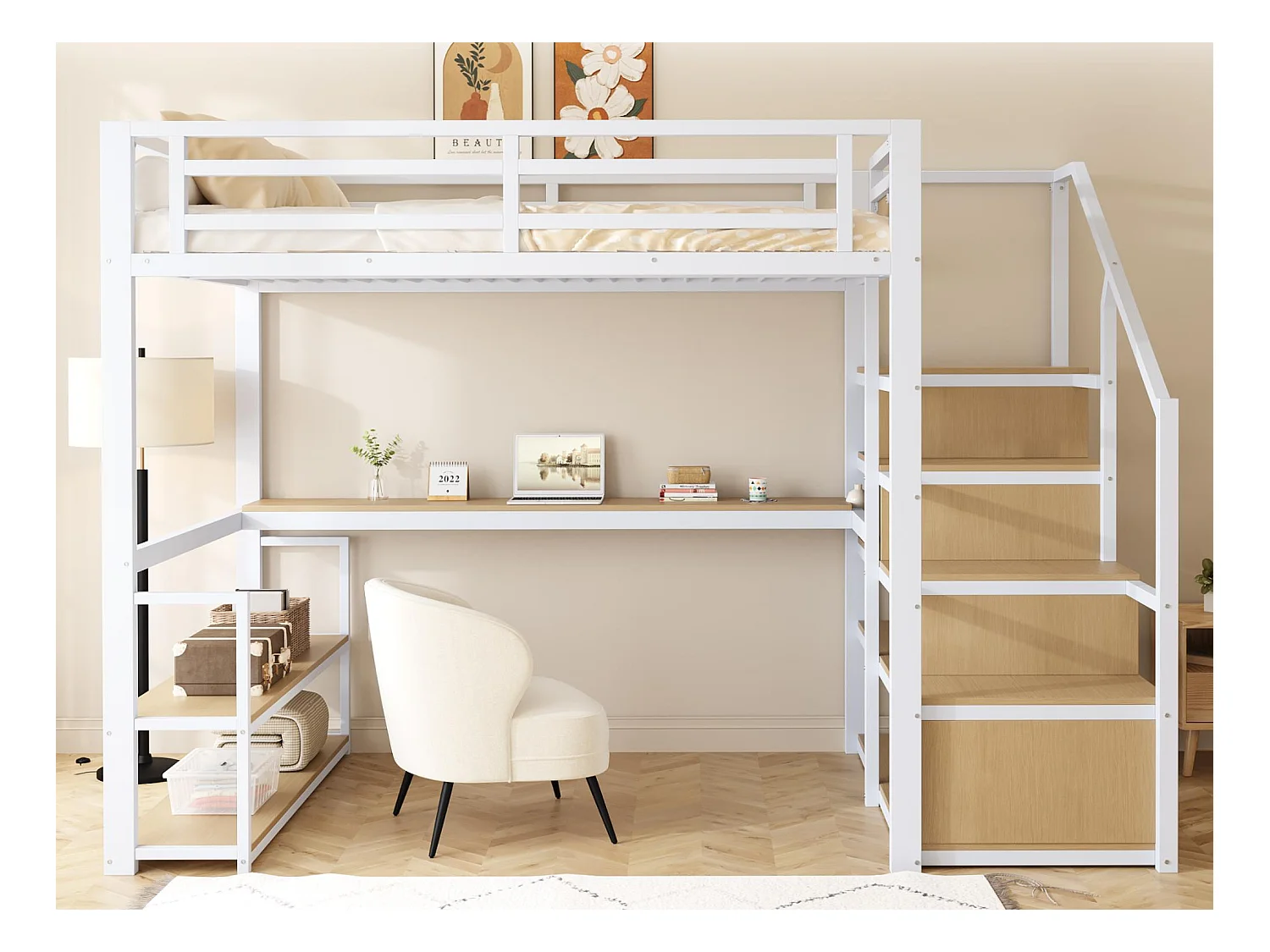 Cama alta em metal 140x200 cm - com escada de arrumação e secretária - Branco