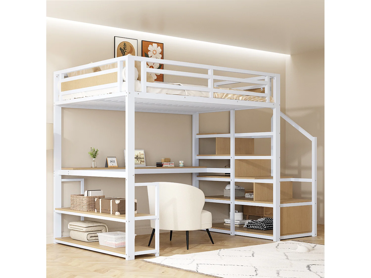 Lit mezzanine en métal 140x200 cm - avec échelle de rangement et bureau - Blanc