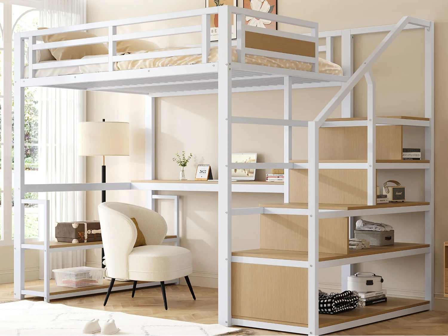 Lit mezzanine en métal 140x200 cm - avec échelle de rangement et bureau - Blanc