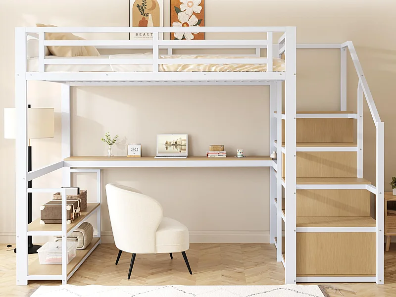 Letto a soppalco in metallo 140x200 cm - con scala contenitore e scrivania - Bianco