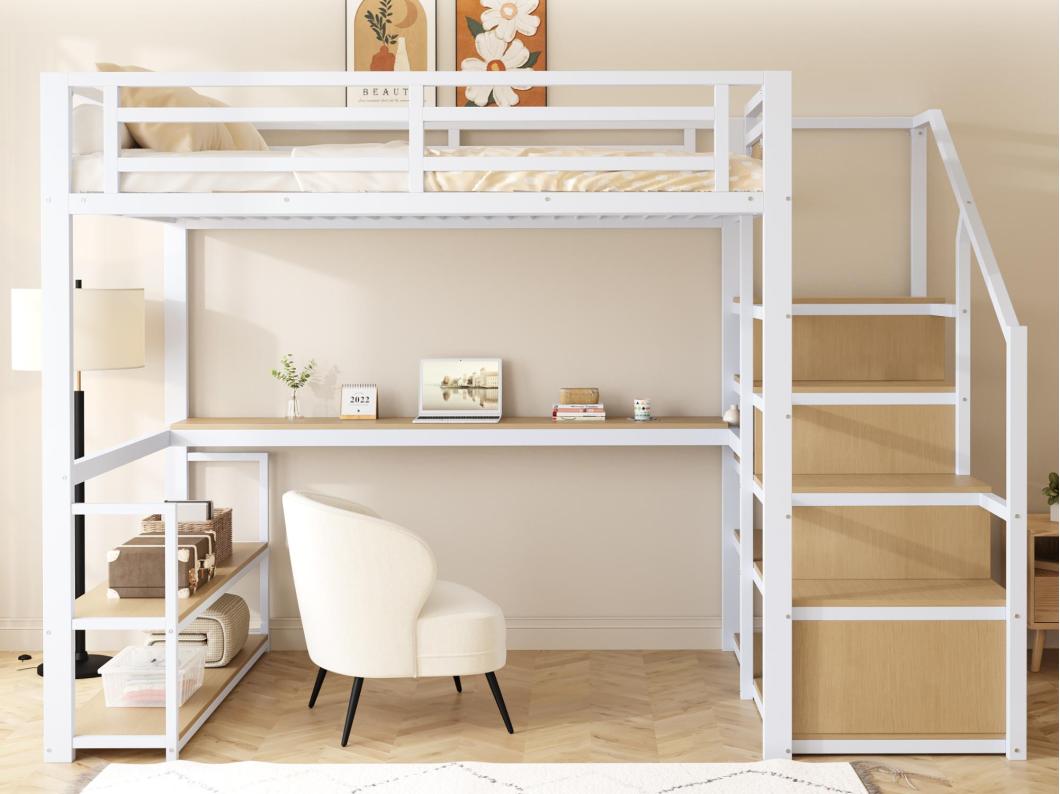 Cama alta em metal 140x200 cm - com escada de arrumação e secretária - Branco