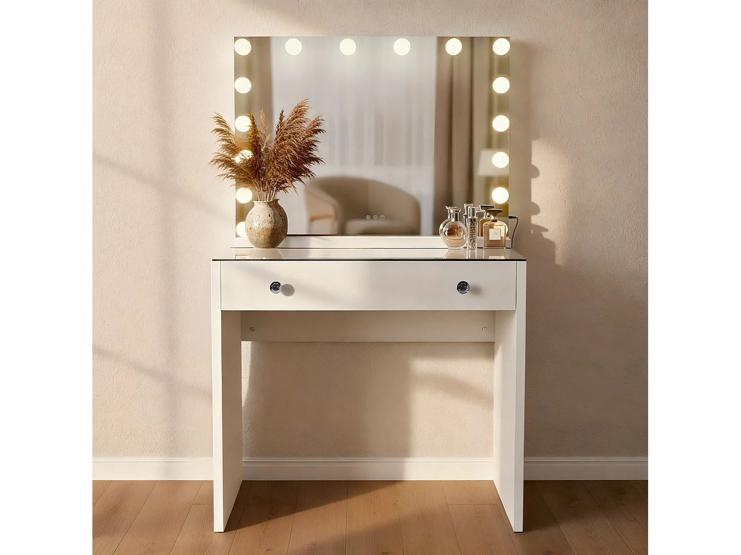 Coiffeuse - carré - Bois - 80 x 50 cm - Blanc - Mereta