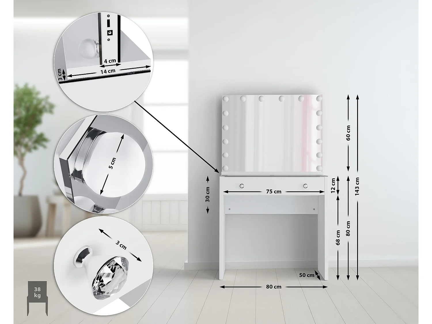 Coiffeuse - carré - Bois - 80 x 50 cm - Blanc - Mereta