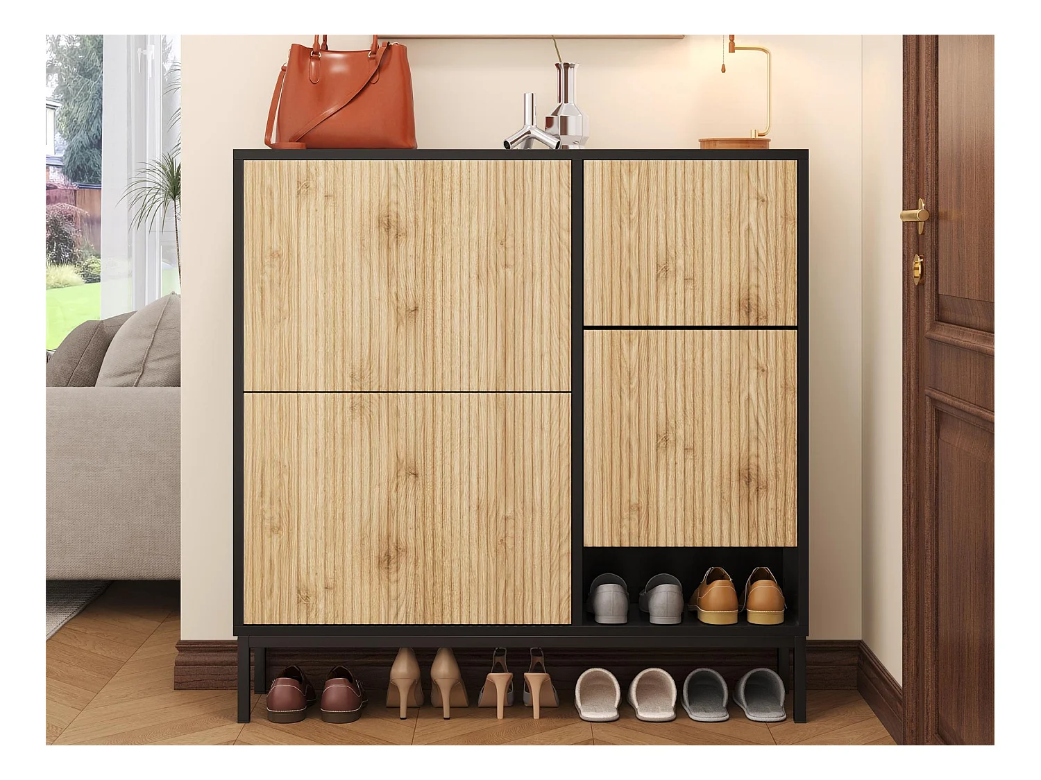 Meuble à chaussures avec banc pliable - 3 portes abattantes - Noir & Naturel