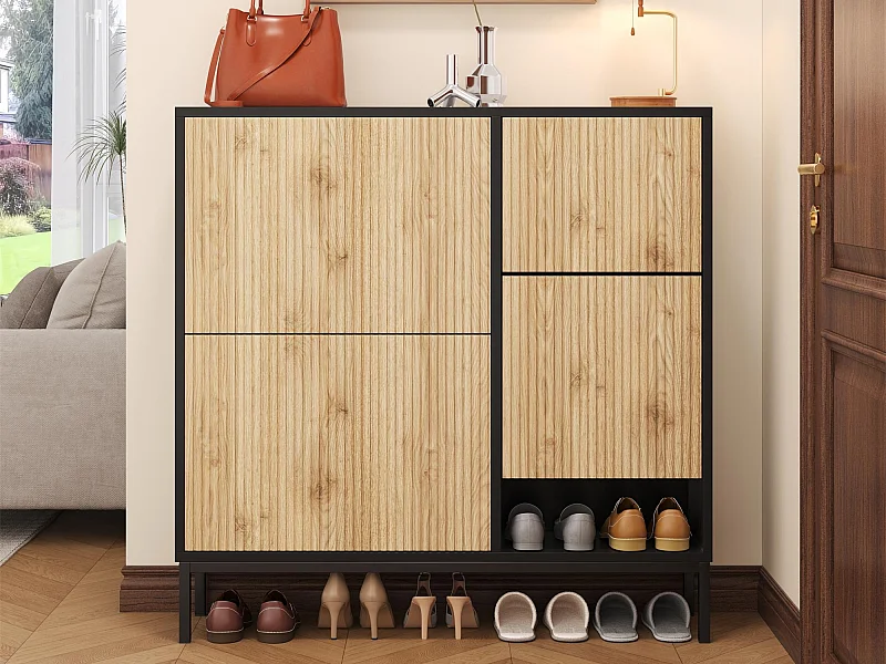 Schoenenkast met opklapbare bank - 3 neerklapbare deuren - Zwart & Naturel
