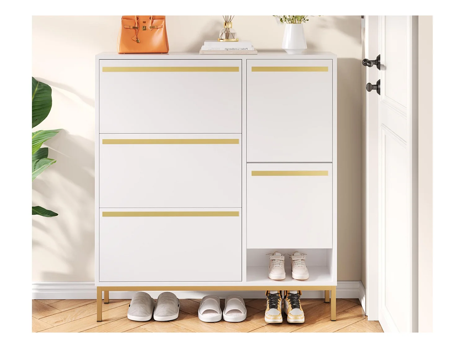 Meuble à chaussures avec banc pliable - 3 portes abattantes - Blanc & Doré