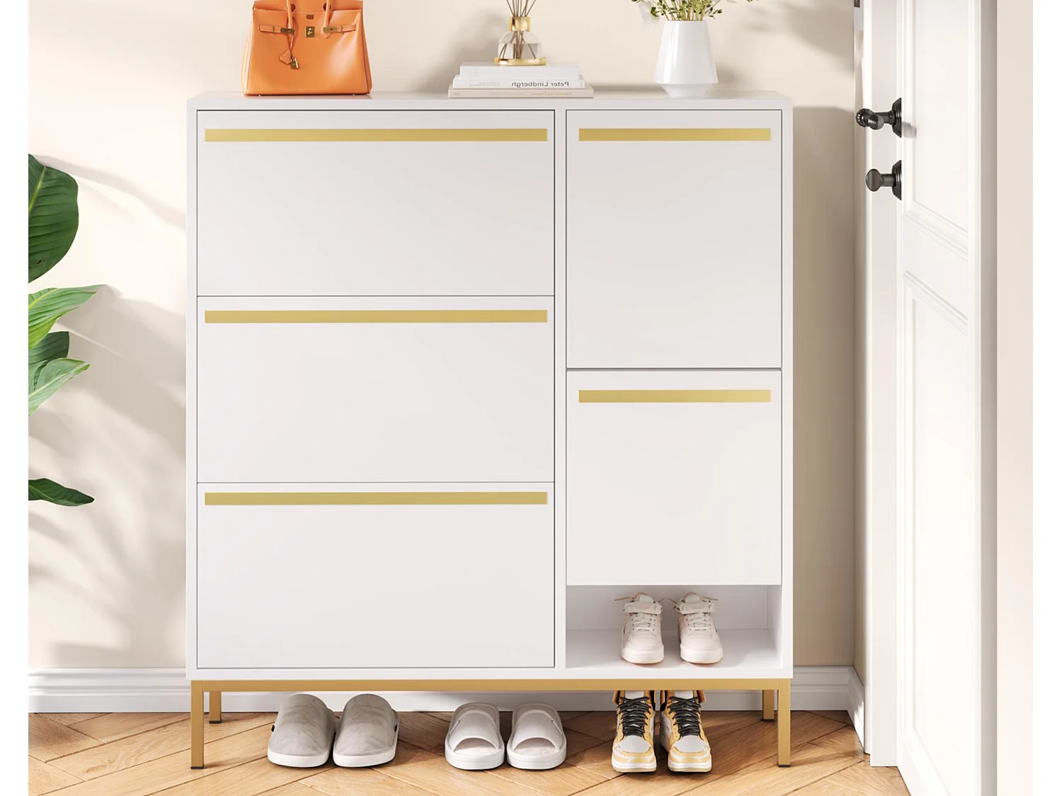 Meuble à chaussures avec banc pliable - 3 portes abattantes - Blanc & Doré