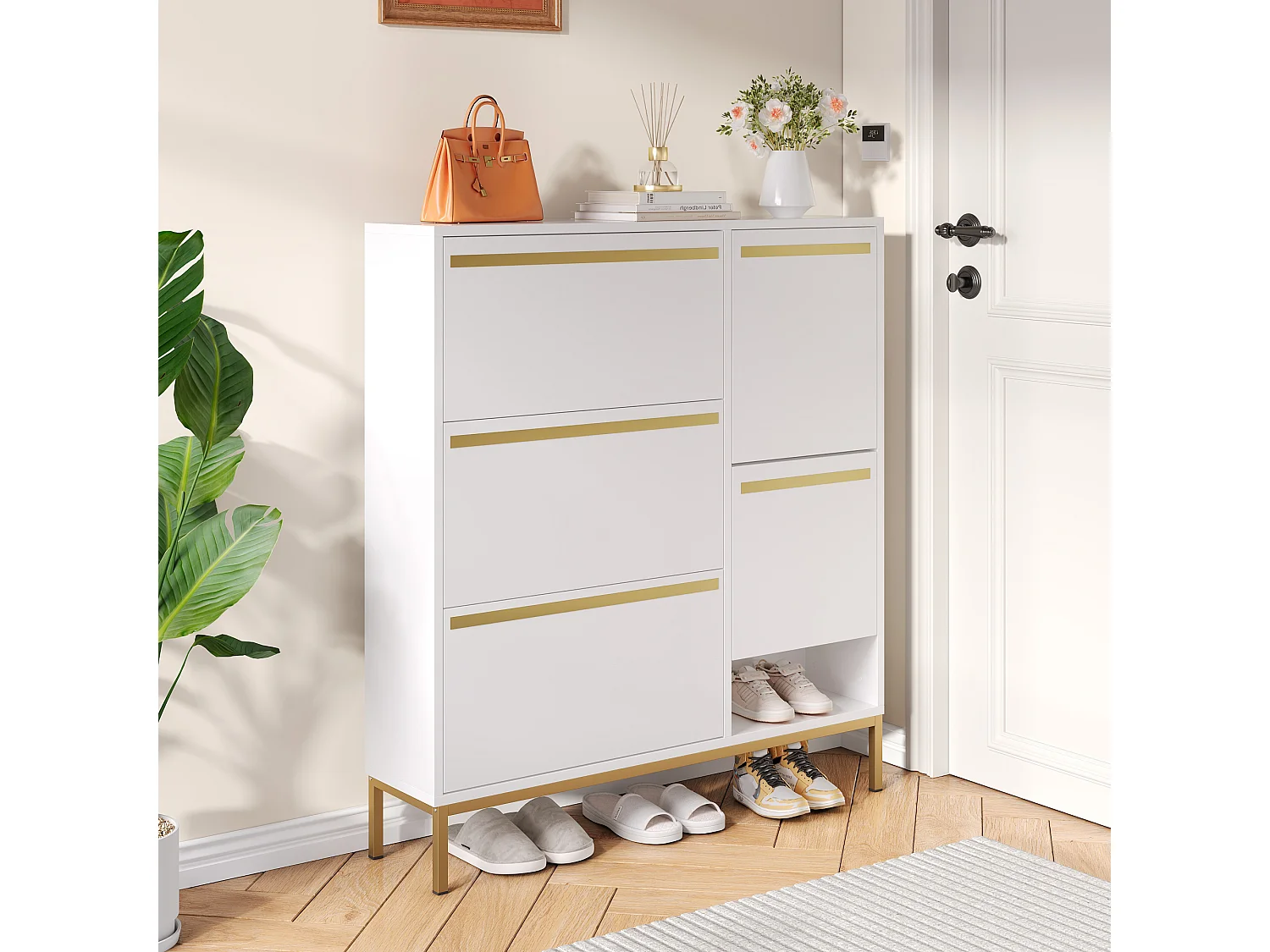 Meuble à chaussures avec banc pliable - 3 portes abattantes - Blanc & Doré