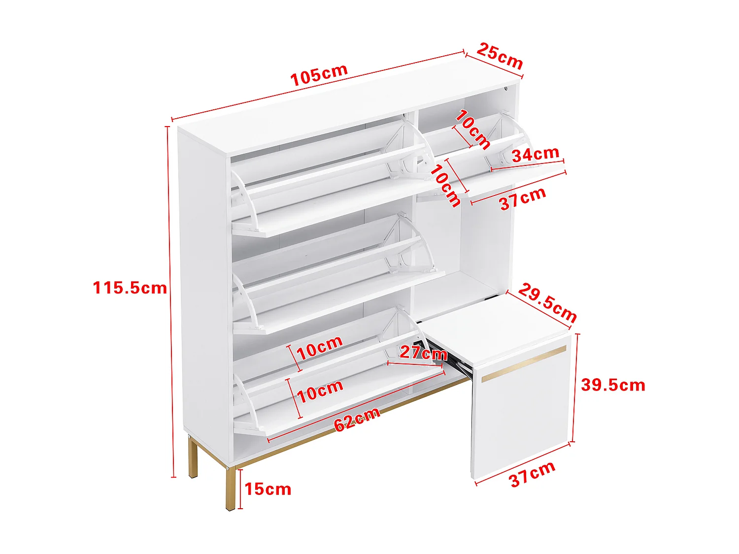 Meuble à chaussures avec banc pliable - 3 portes abattantes - Blanc & Doré