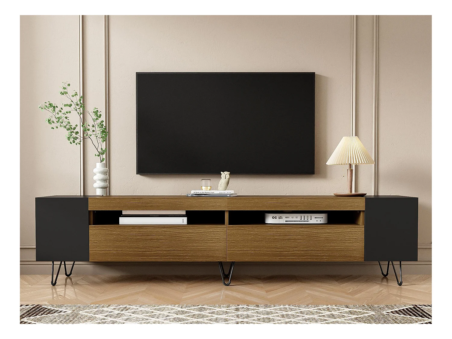 Meuble TV 180 cm - une porte abattante et 4 compartiments ouverts des deux côtés - Noir & Naturel