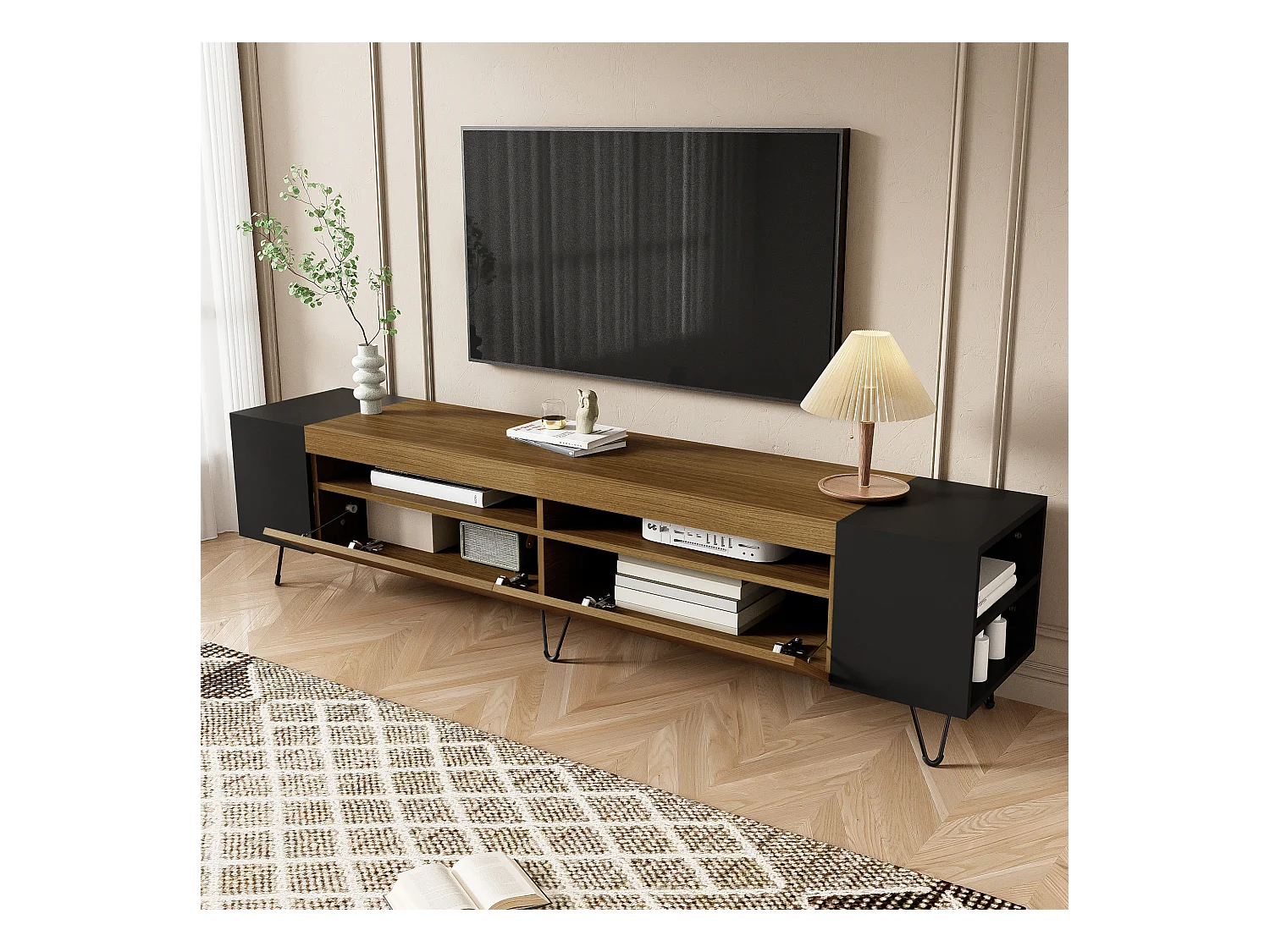 Meuble TV 180 cm - une porte abattante et 4 compartiments ouverts des deux côtés - Noir & Naturel