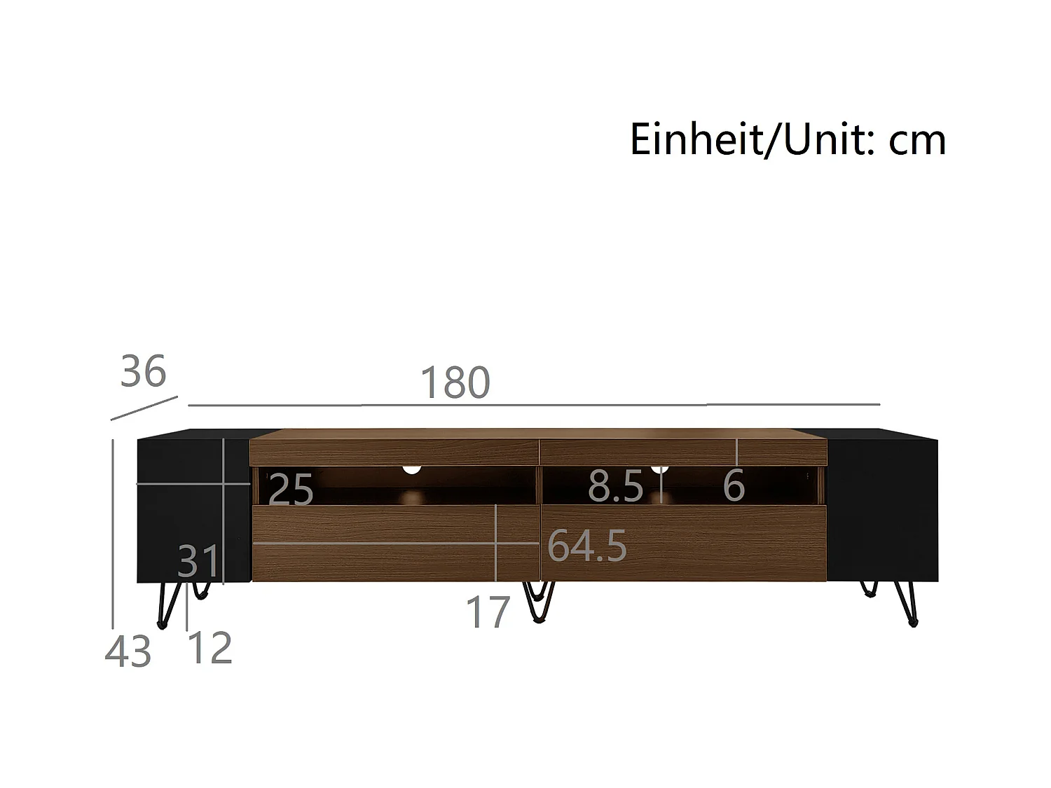 Meuble TV 180 cm - une porte abattante et 4 compartiments ouverts des deux côtés - Noir & Naturel