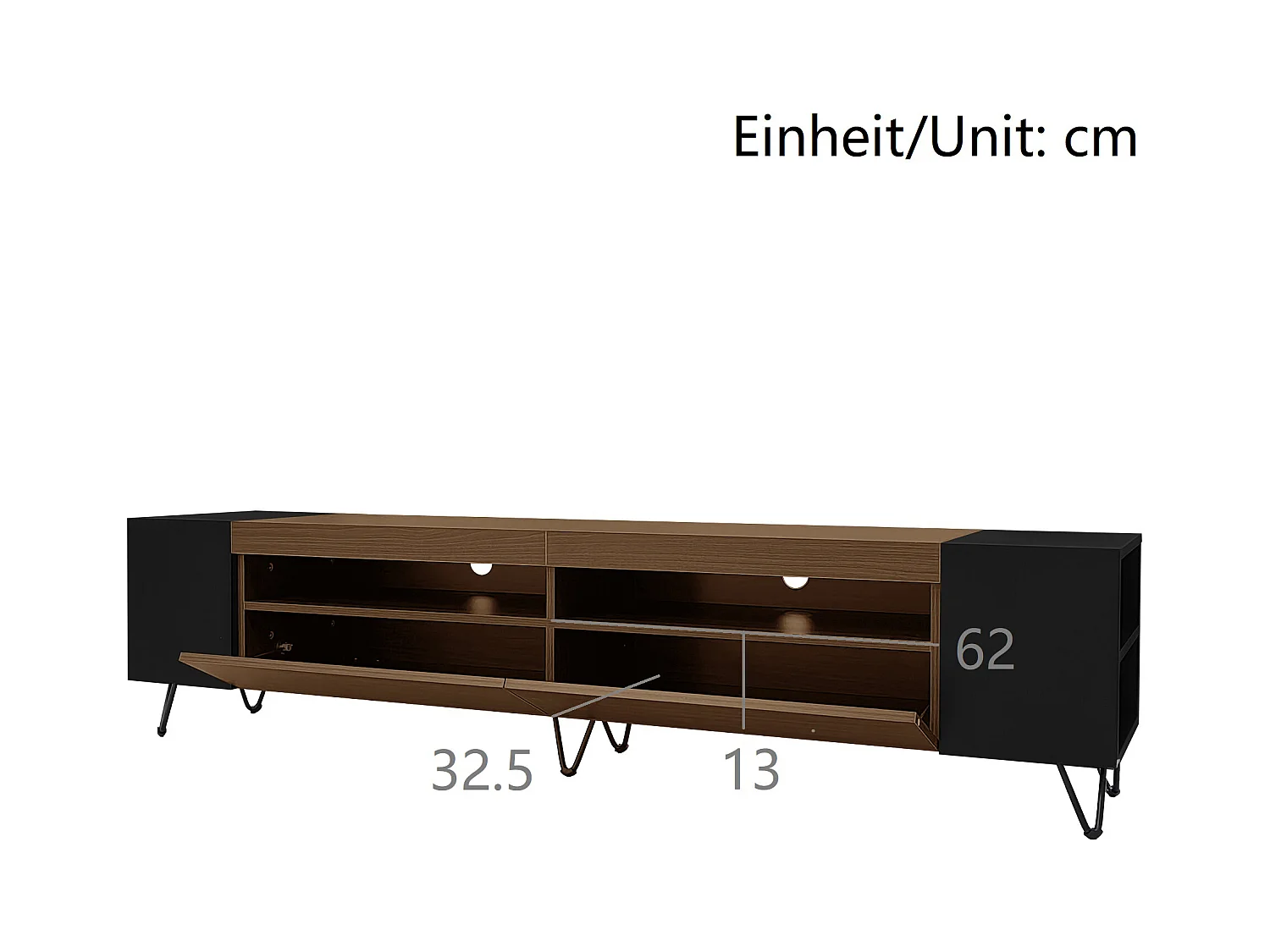 Meuble TV 180 cm - une porte abattante et 4 compartiments ouverts des deux côtés - Noir & Naturel