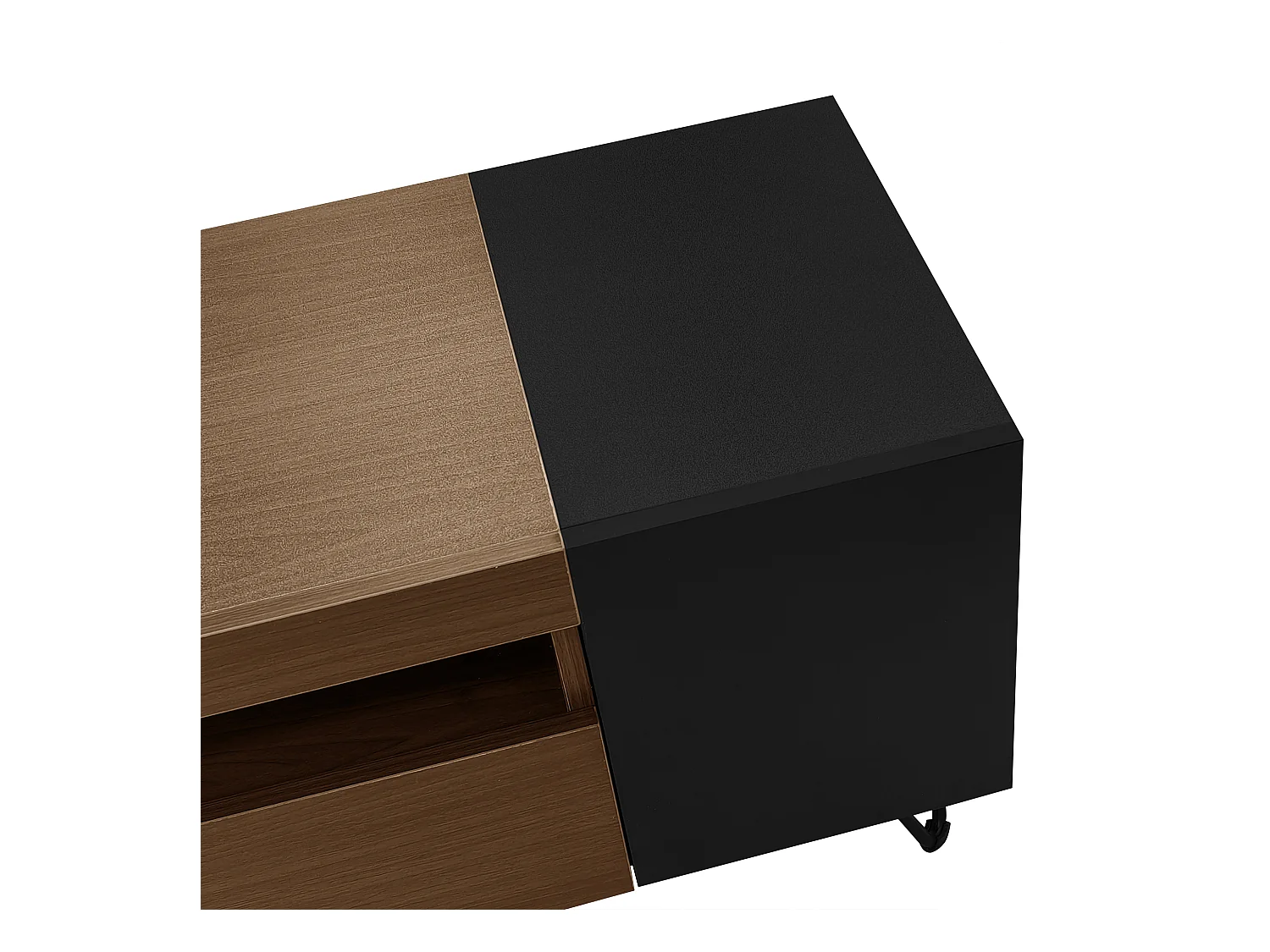 Meuble TV 180 cm - une porte abattante et 4 compartiments ouverts des deux côtés - Noir & Naturel
