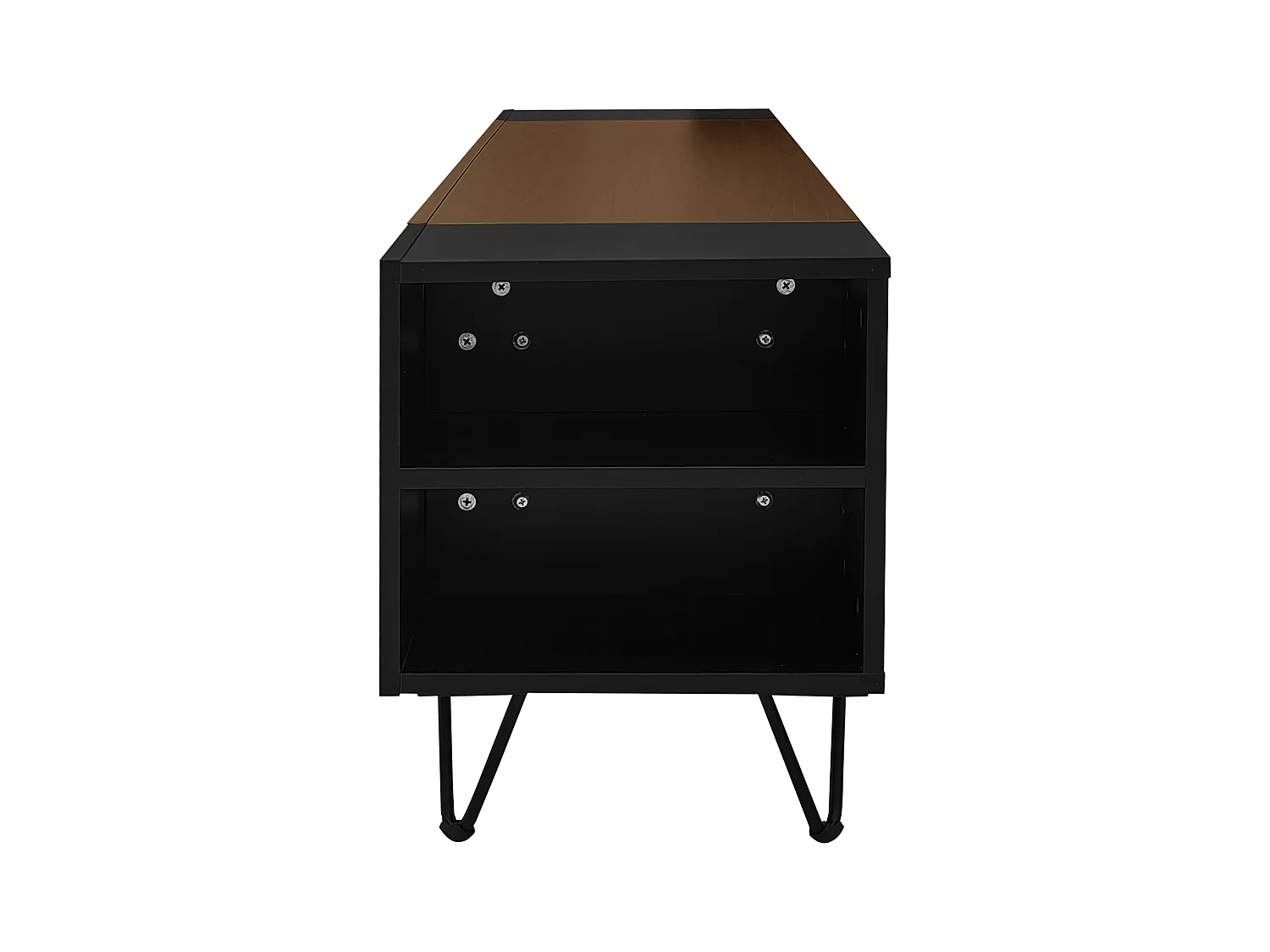 Meuble TV 180 cm - une porte abattante et 4 compartiments ouverts des deux côtés - Noir & Naturel
