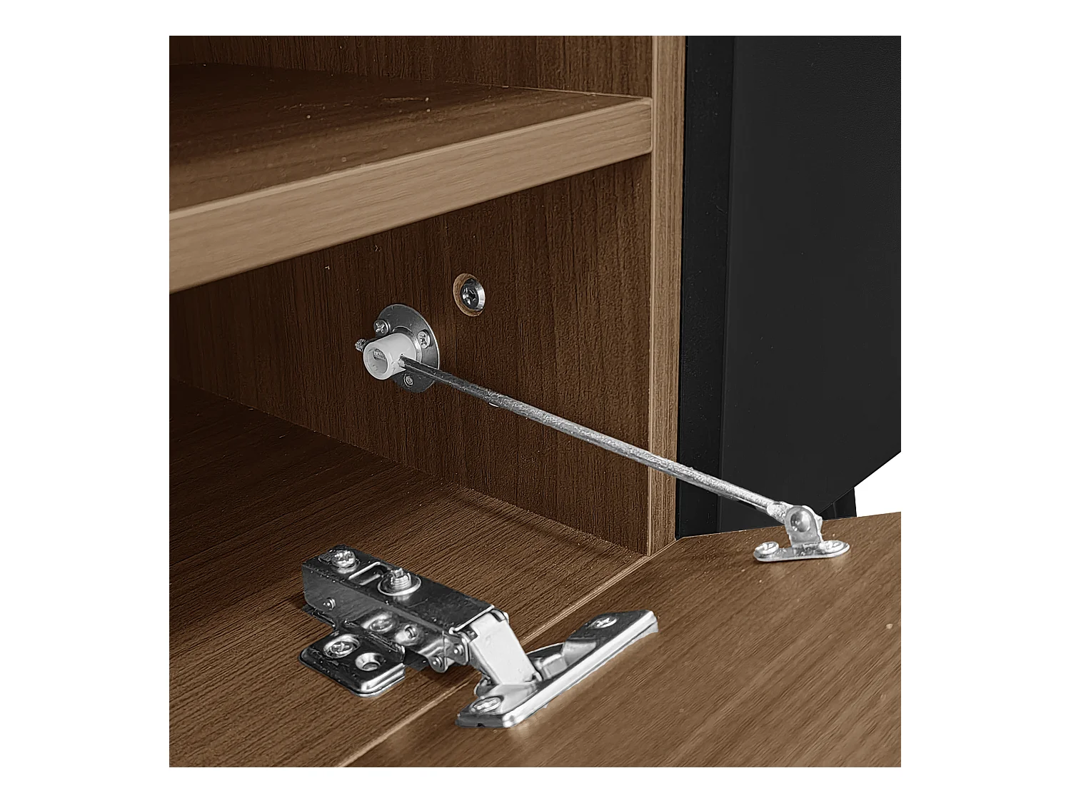 Meuble TV 180 cm - une porte abattante et 4 compartiments ouverts des deux côtés - Noir & Naturel
