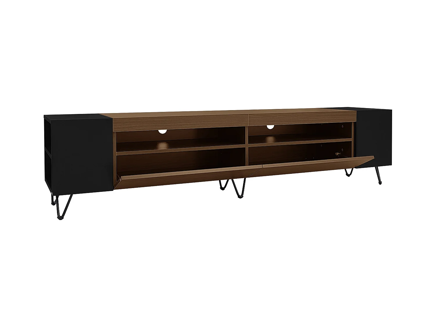 Meuble TV 180 cm - une porte abattante et 4 compartiments ouverts des deux côtés - Noir & Naturel