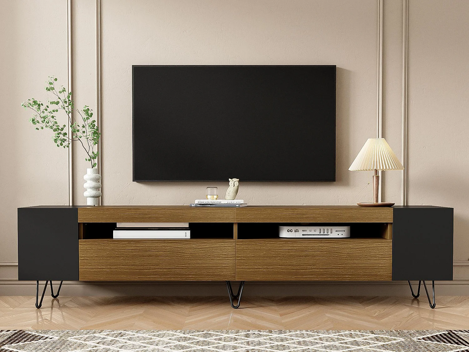 Meuble TV 180 cm - une porte abattante et 4 compartiments ouverts des deux côtés - Noir & Naturel
