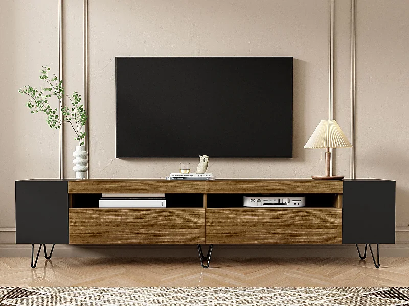 Meuble TV 180 cm - une porte abattante et 4 compartiments ouverts des deux côtés - Noir & Naturel