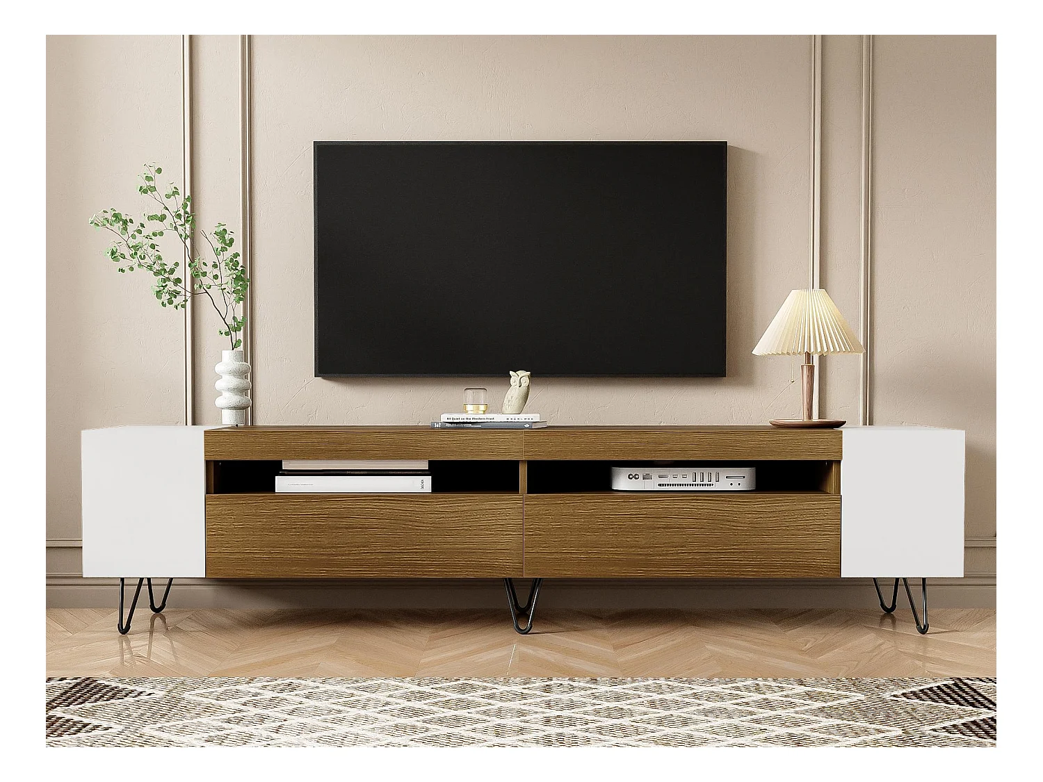 Meuble TV 180 cm - une porte abattante et 4 compartiments ouverts des deux côtés - Blanc & Naturel