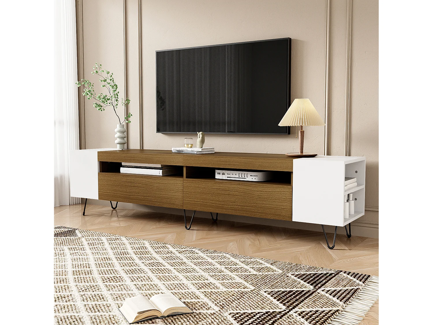 Meuble TV 180 cm - une porte abattante et 4 compartiments ouverts des deux côtés - Blanc & Naturel