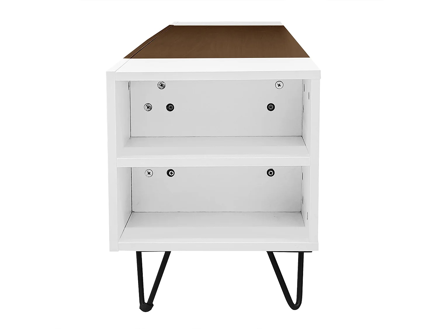 Meuble TV 180 cm - une porte abattante et 4 compartiments ouverts des deux côtés - Blanc & Naturel