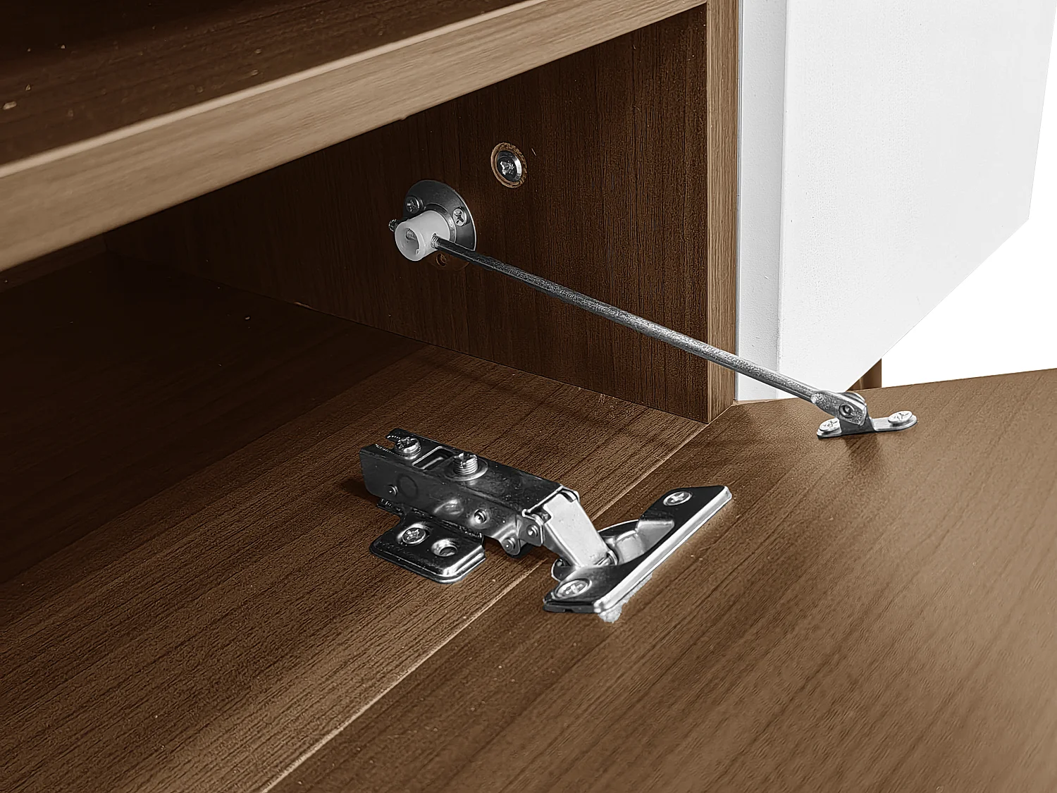 Meuble TV 180 cm - une porte abattante et 4 compartiments ouverts des deux côtés - Blanc & Naturel