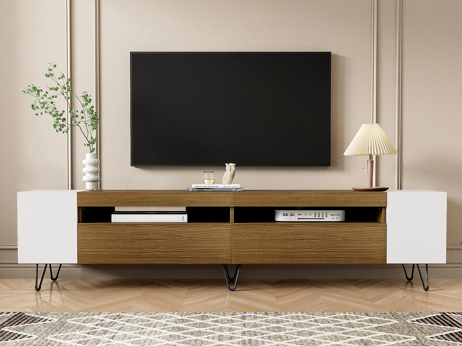 Meble TV 180 cm - jedna klapa i 4 otwarte przegrody po obu stronach - Biały i Naturalny