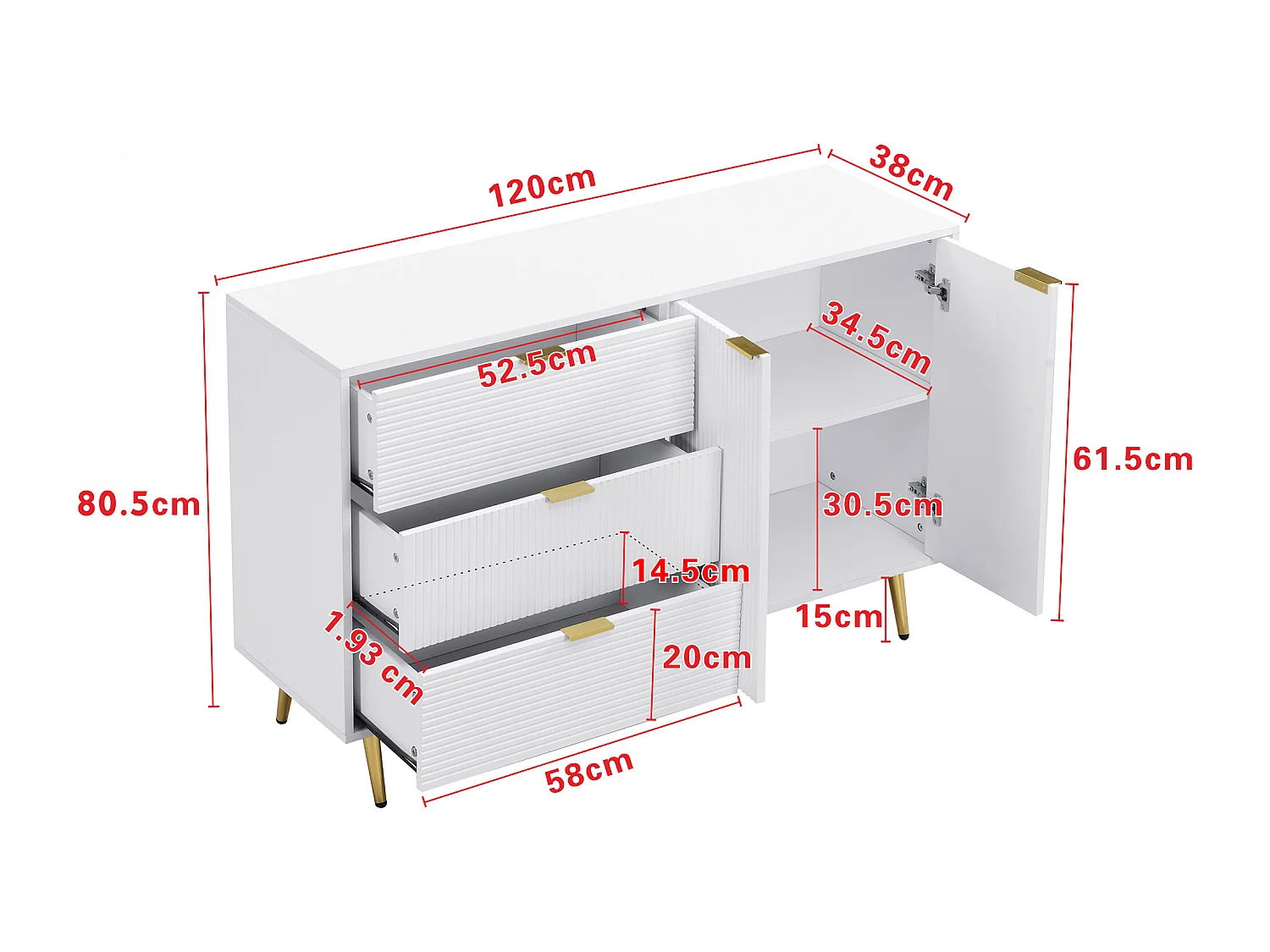 Buffet moderne - 2 portes et 3 tiroirs - Blanc