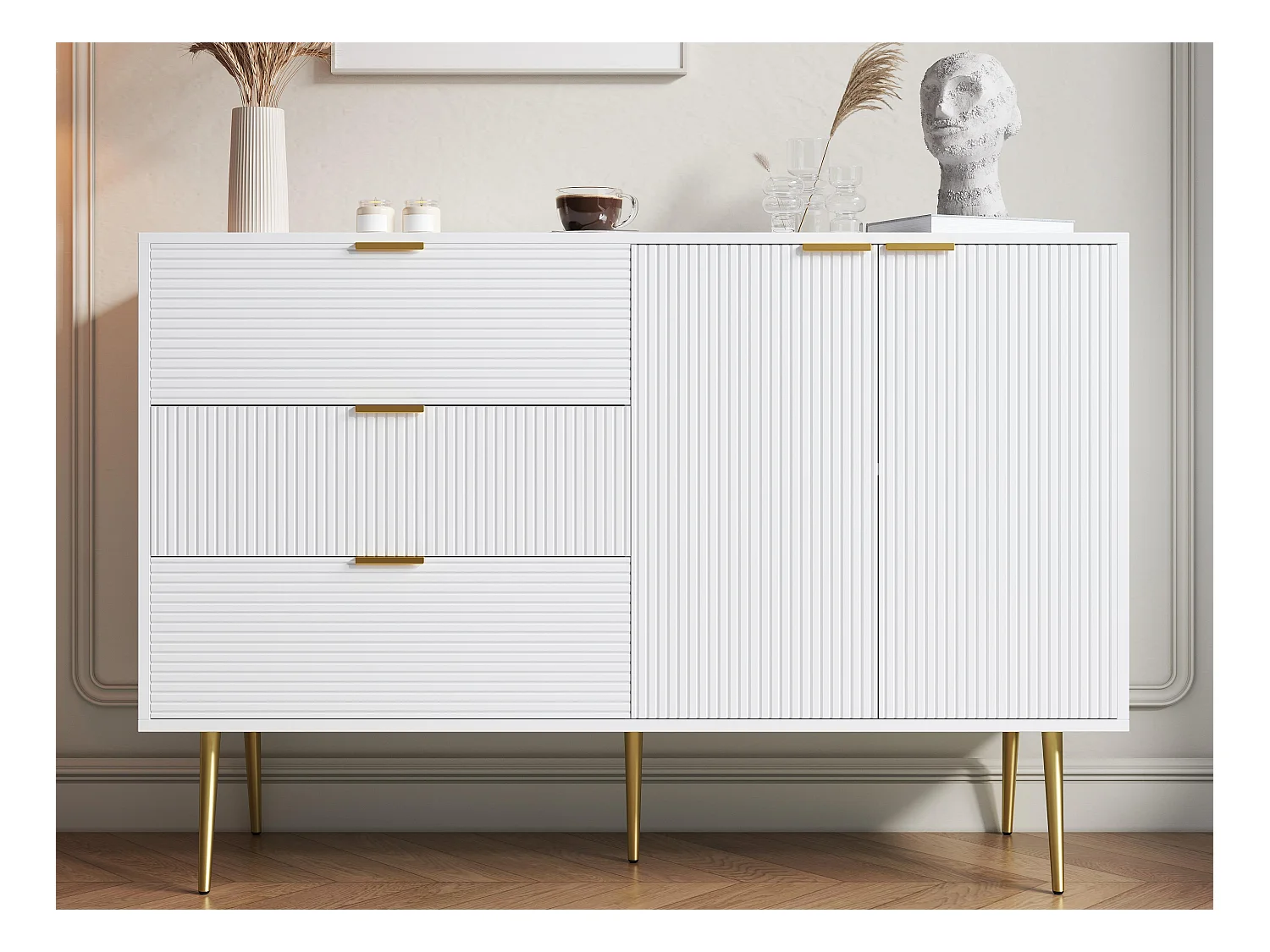 Buffet moderne - 2 portes et 3 tiroirs - Blanc