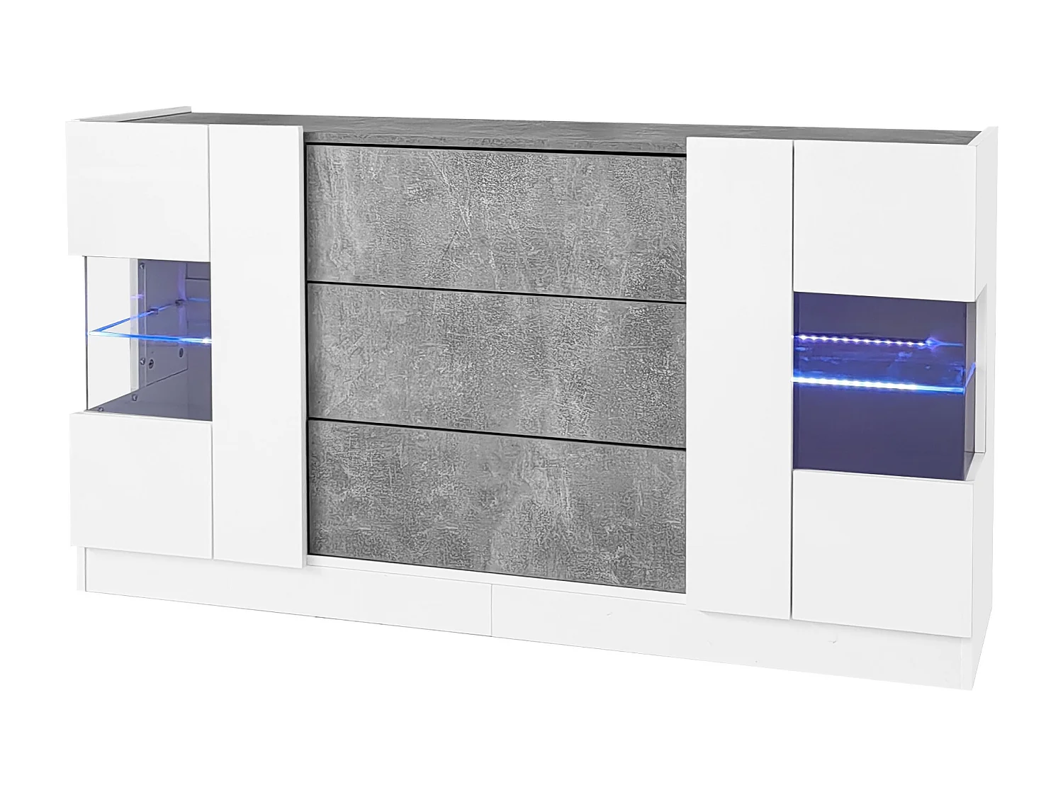 Sideboard mit LED - 2 Türen und 3 Schubladen - glänzend weiße Front und graue Marmoroptik - Weiß