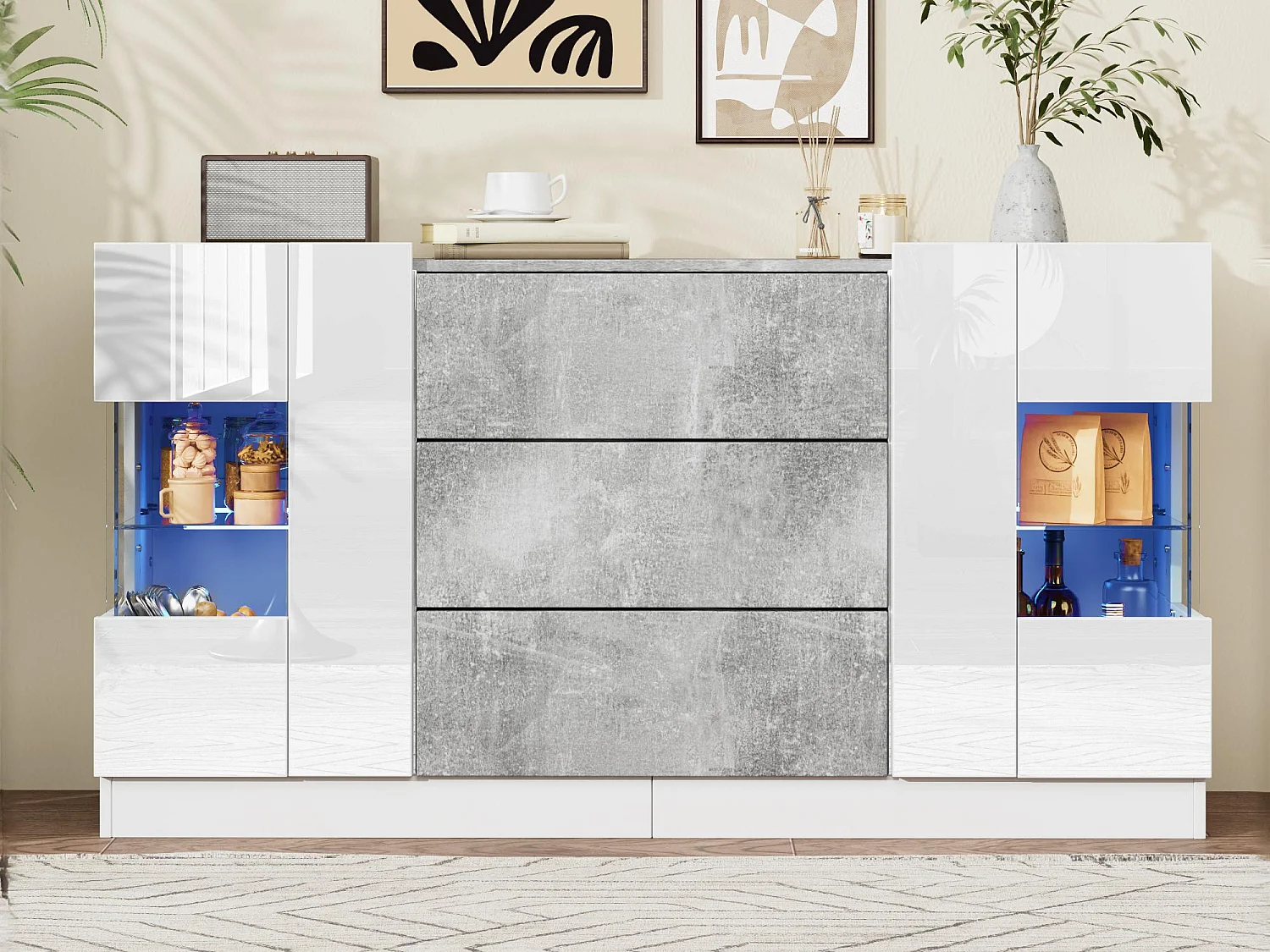 Sideboard mit LED - 2 Türen und 3 Schubladen - glänzend weiße Front und graue Marmoroptik - Weiß