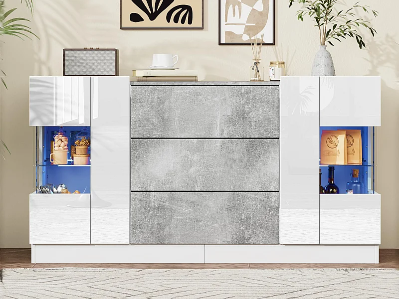 Aparador com LED - 2 portas e 3 gavetas - frente branco brilhante e efeito mármore cinza - Branco