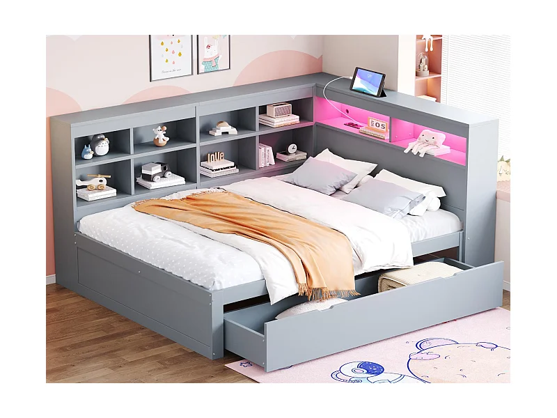 Lit banquette de rangement en bois massif 140x200 cm - avec LED et prises USB - Gris