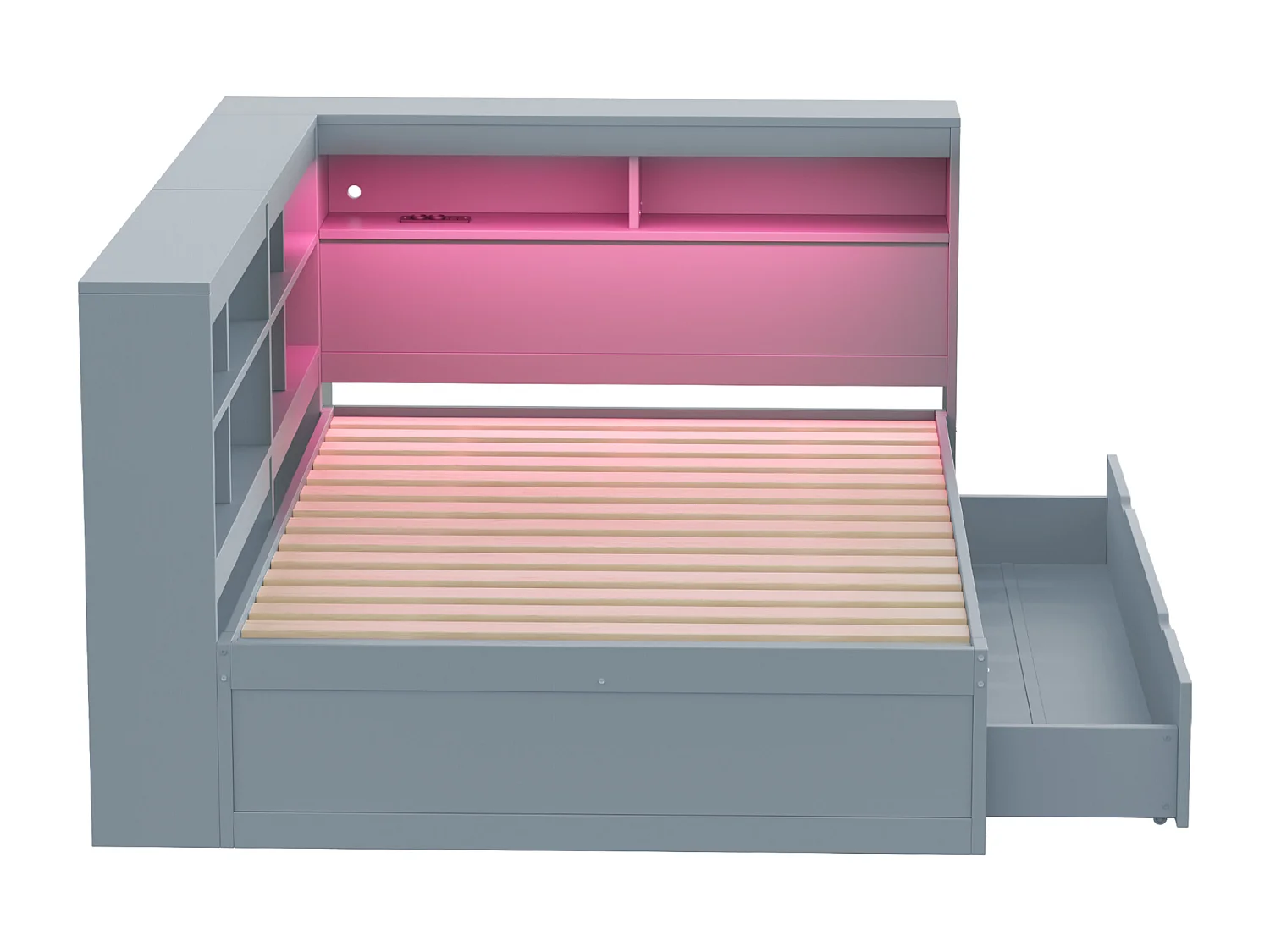 Lit banquette de rangement en bois massif 140x200 cm - avec LED et prises USB - Gris