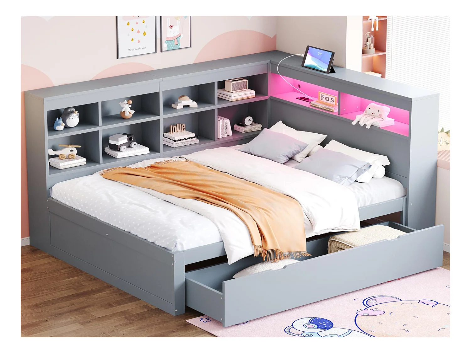 Lit banquette de rangement en bois massif 140x200 cm - avec LED et prises USB - Gris