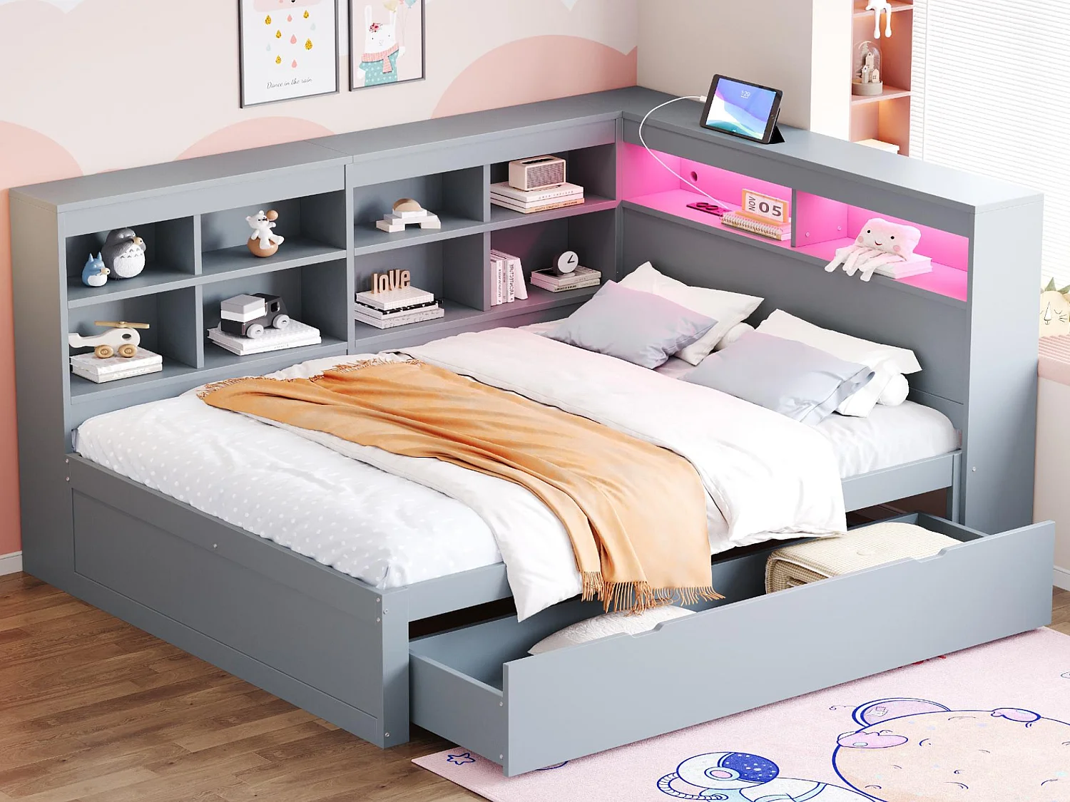 Lit banquette de rangement en bois massif 140x200 cm - avec LED et prises USB - Gris