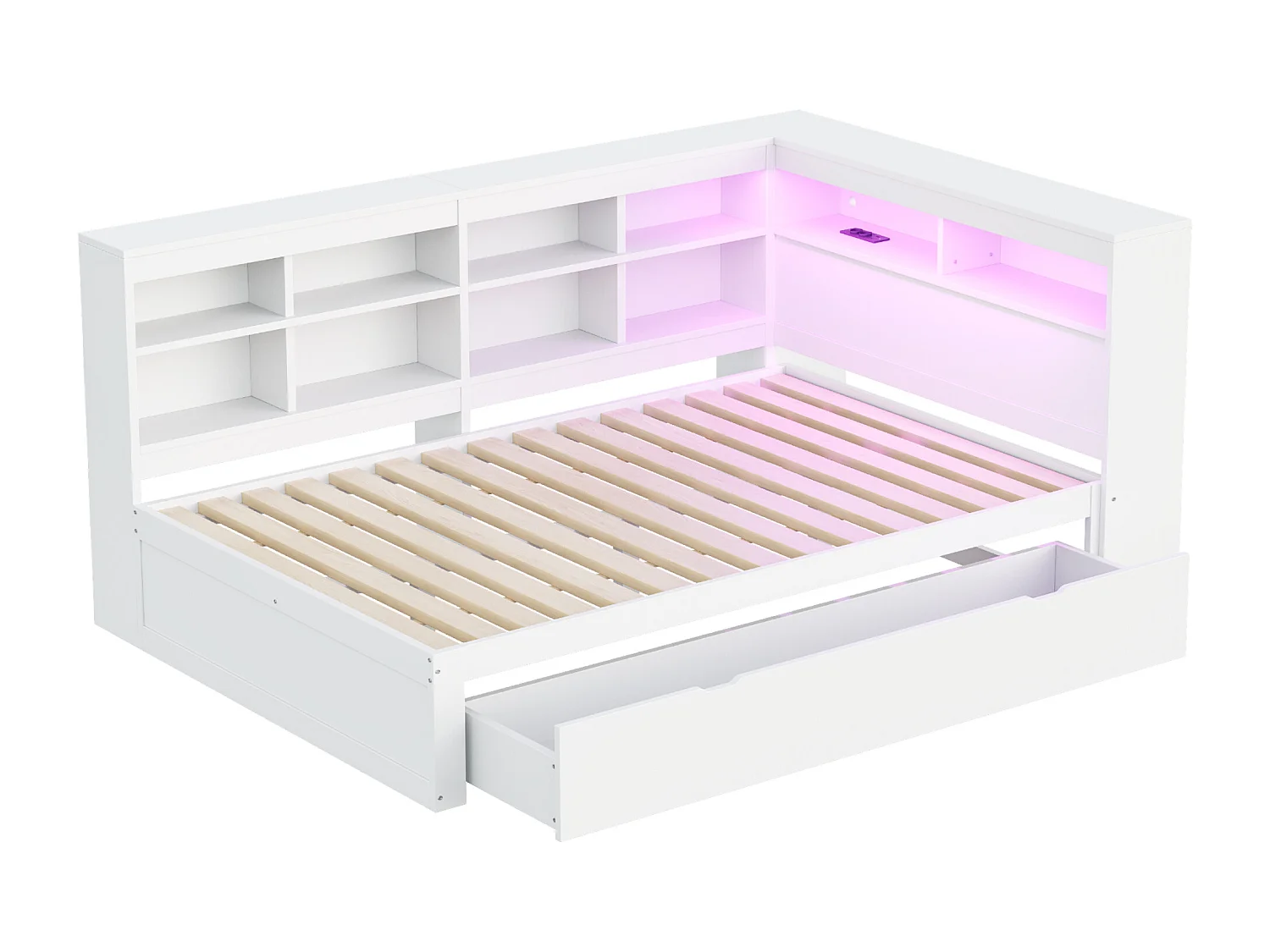 Bettbank aus Massivholz mit Stauraum 140x200 cm - mit LED und USB-Anschlüssen - Weiß