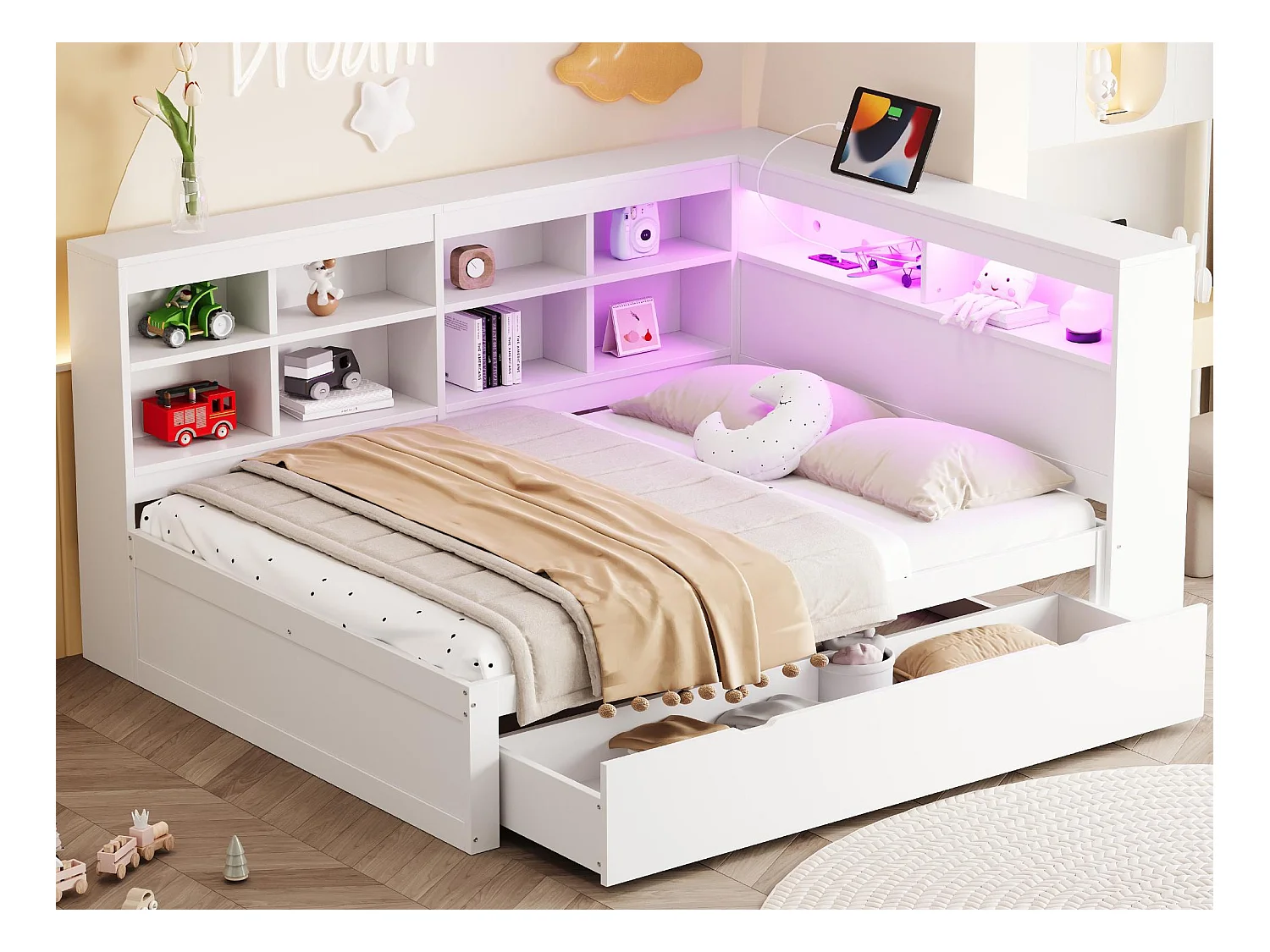 Lit banquette de rangement en bois massif 140x200 cm - avec LED et prises USB - Blanc