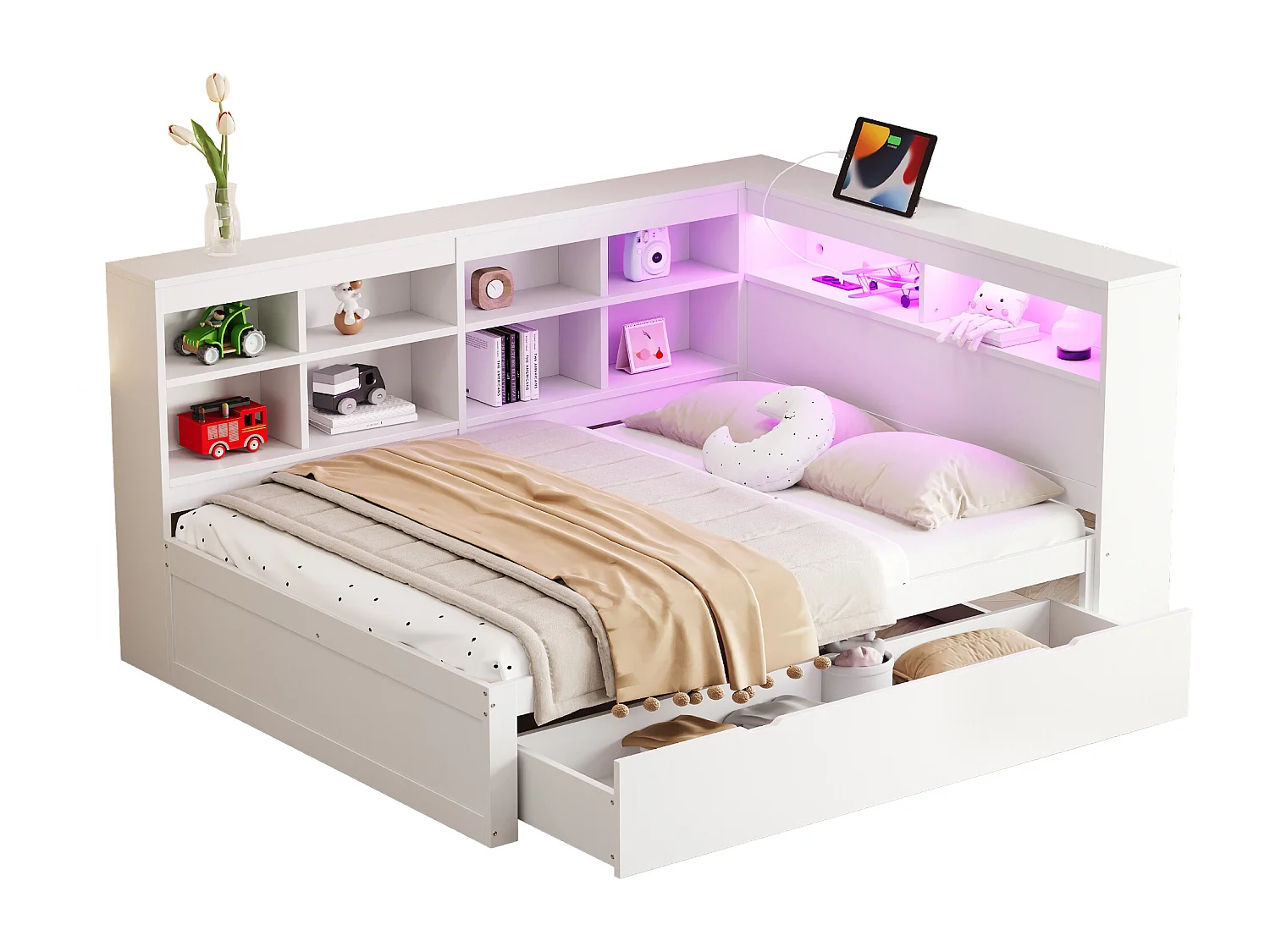 Lit banquette de rangement en bois massif 140x200 cm - avec LED et prises USB - Blanc