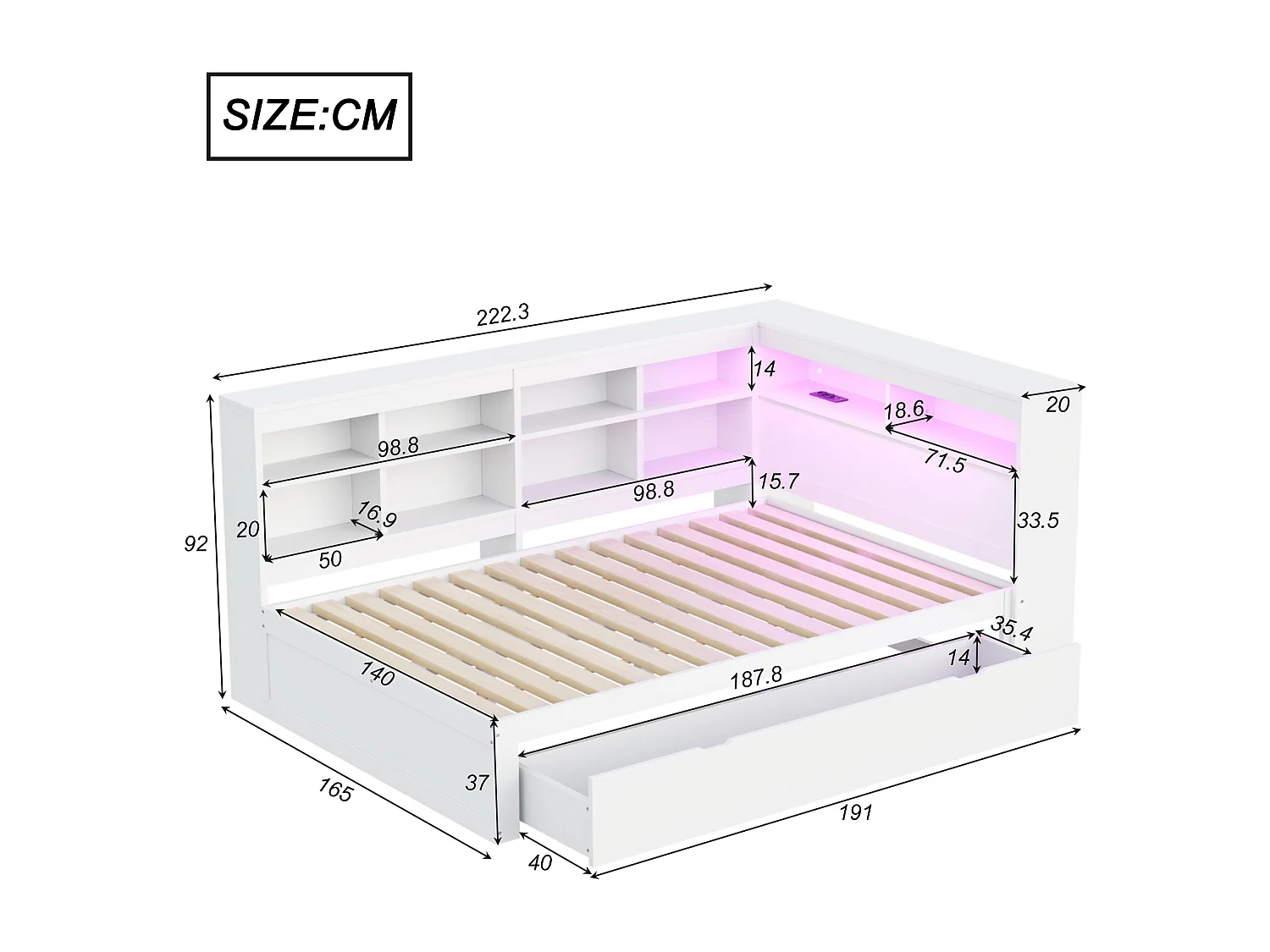 Lit banquette de rangement en bois massif 140x200 cm - avec LED et prises USB - Blanc