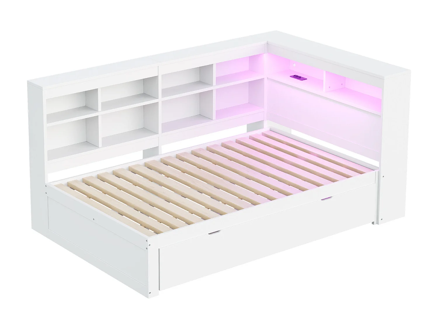 Lit banquette de rangement en bois massif 140x200 cm - avec LED et prises USB - Blanc