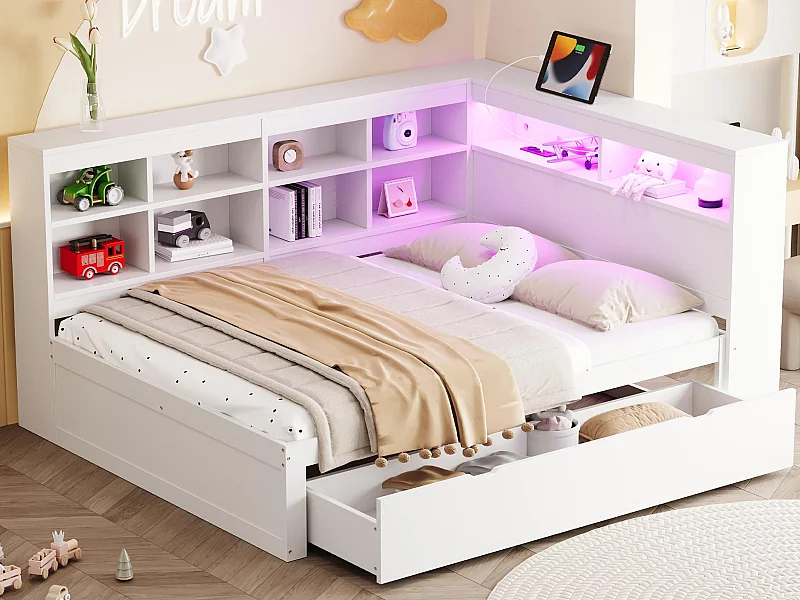 Bettbank aus Massivholz mit Stauraum 140x200 cm - mit LED und USB-Anschlüssen - Weiß