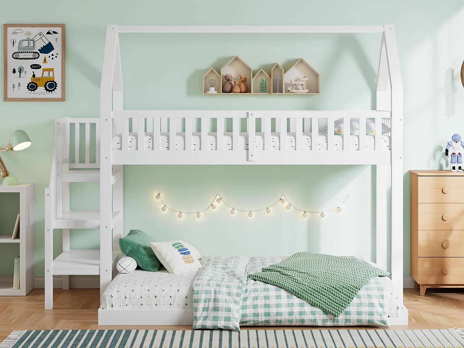 Lit superposé avec escalier et barrières anti-chutes - 90x200 cm - en bois massif - Blanc