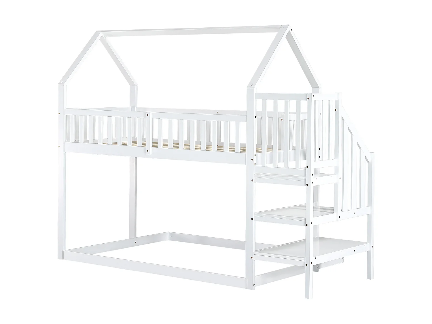Lit superposé avec escalier et barrières anti-chutes - 90x200 cm - en bois massif - Blanc