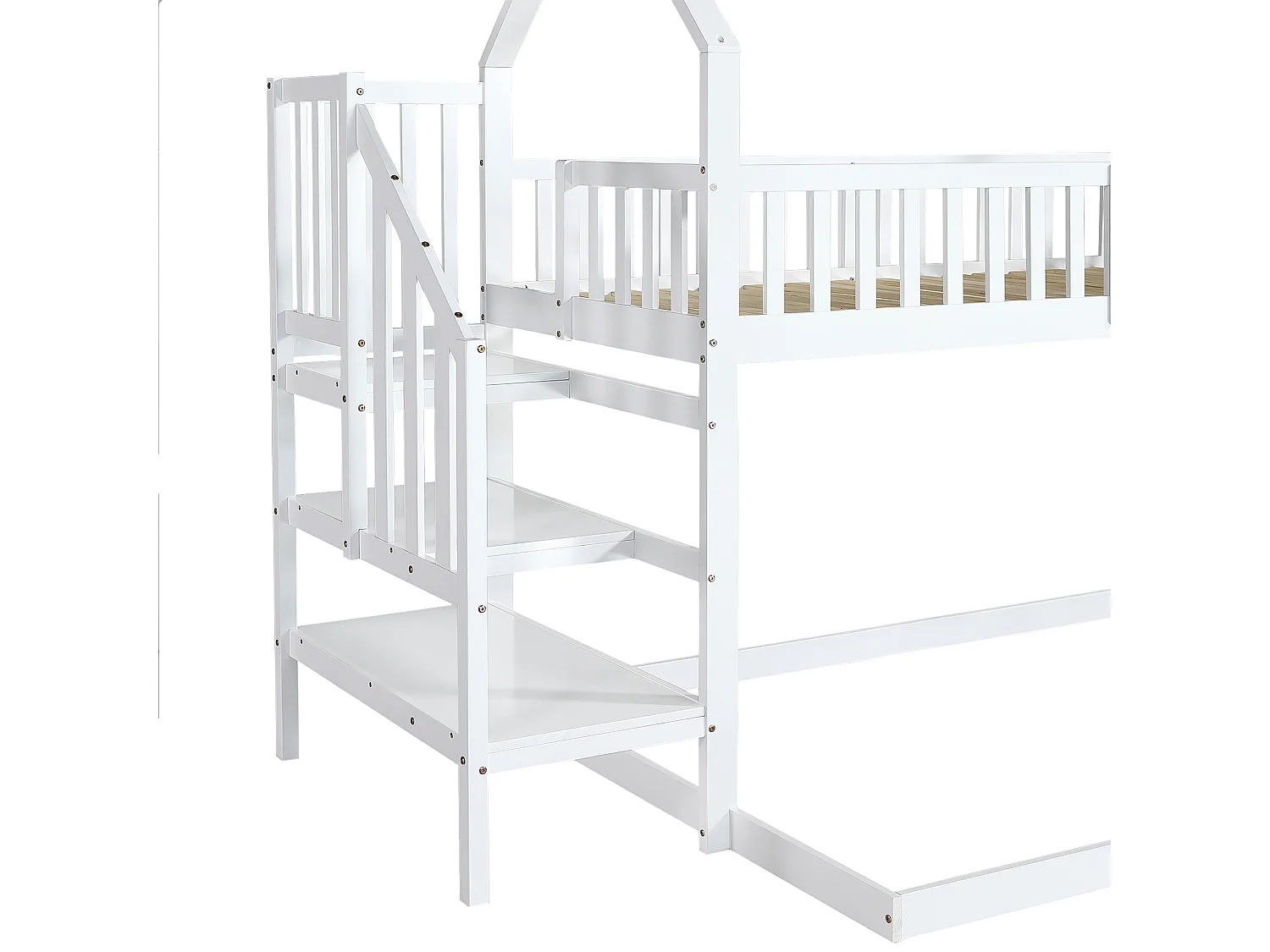 Lit superposé avec escalier et barrières anti-chutes - 90x200 cm - en bois massif - Blanc
