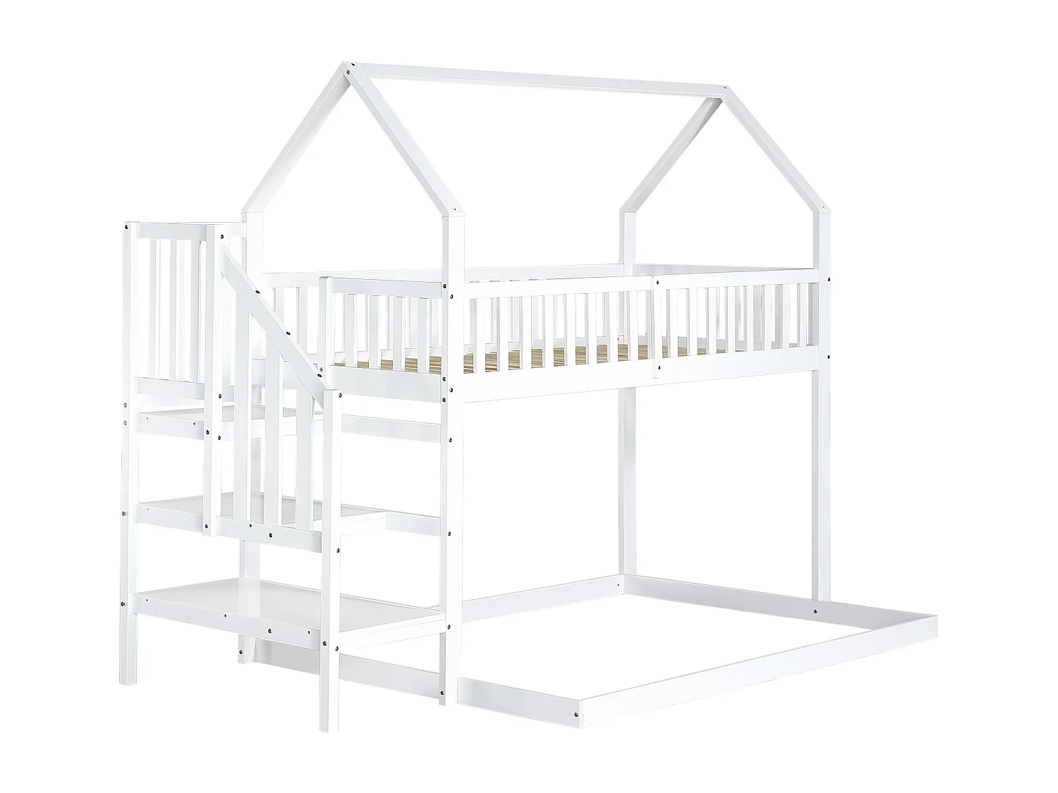 Lit superposé avec escalier et barrières anti-chutes - 90x200 cm - en bois massif - Blanc