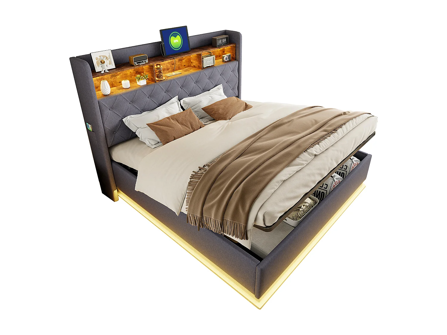 180x200 cm Bett aus Leinen mit Stauraum - mit LED- und USB-Anschlüssen - Grau