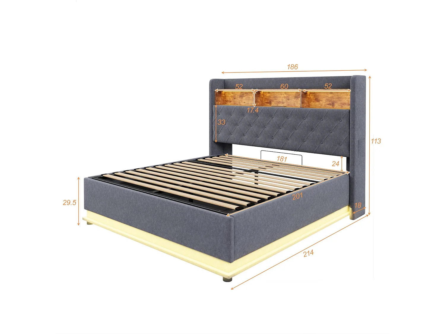 180x200 cm Bett aus Leinen mit Stauraum - mit LED- und USB-Anschlüssen - Grau