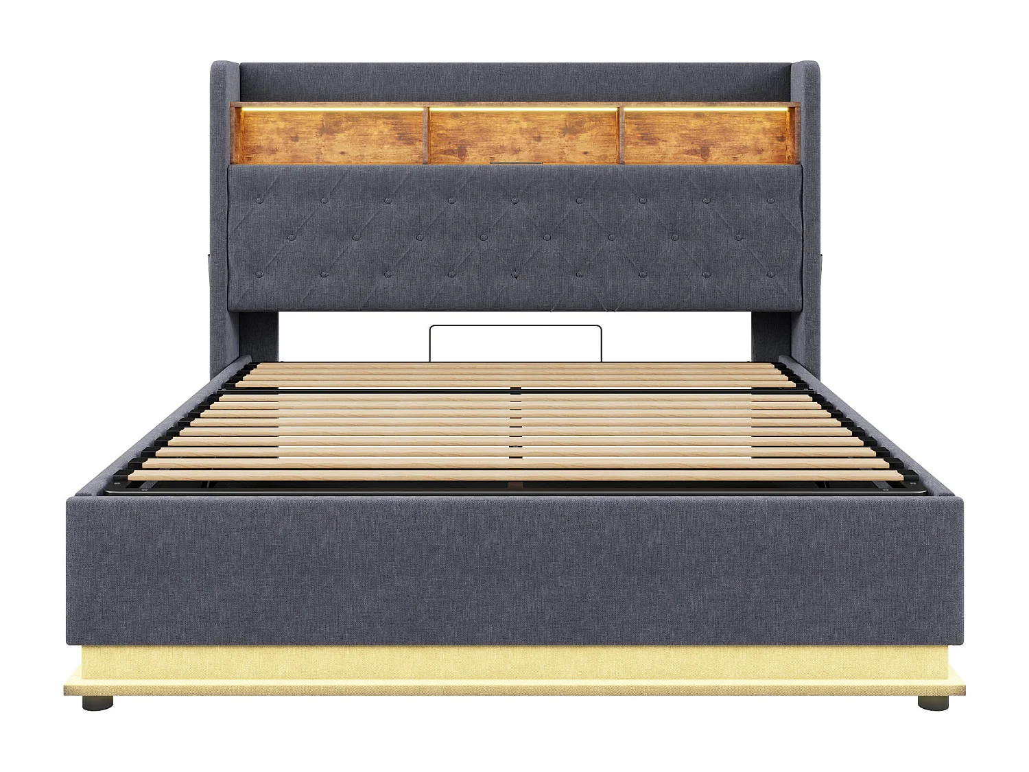 180x200 cm Bett aus Leinen mit Stauraum - mit LED- und USB-Anschlüssen - Grau